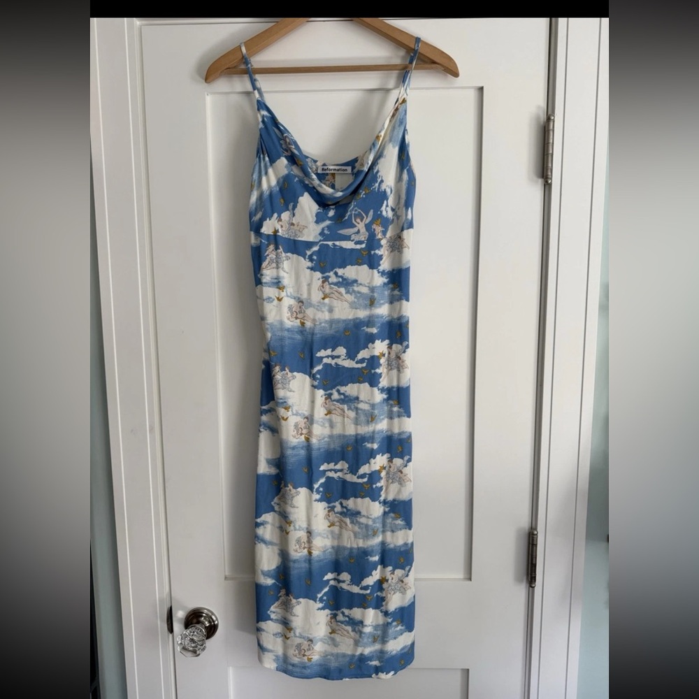 Reformation Astrid Dress In Cielo Angel Print Women’s Size Small Blue & White